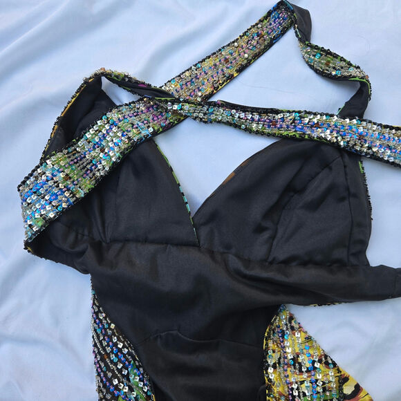 Cache Vtg 90s Y2K Fairy Silk Seqins Evening Gown 8 Multicolor Print Maxi Dress - Picture 8 of 12